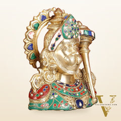 Brass Hanuman Ji face statue with Multicolour Stonework - 8"