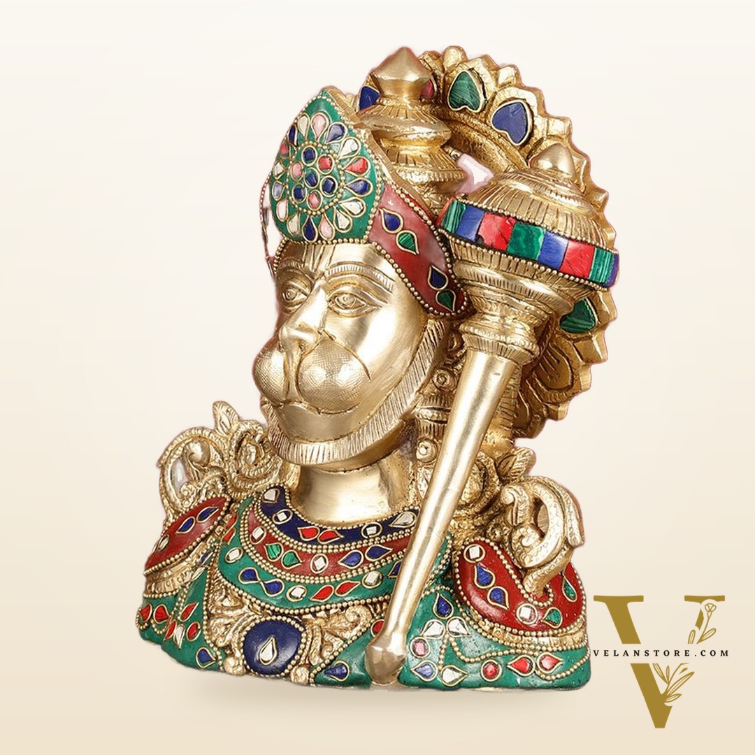Brass Hanuman Ji face statue with Multicolour Stonework - 8"