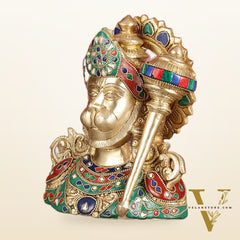 Brass Hanuman Ji face statue with Multicolour Stonework - 8"