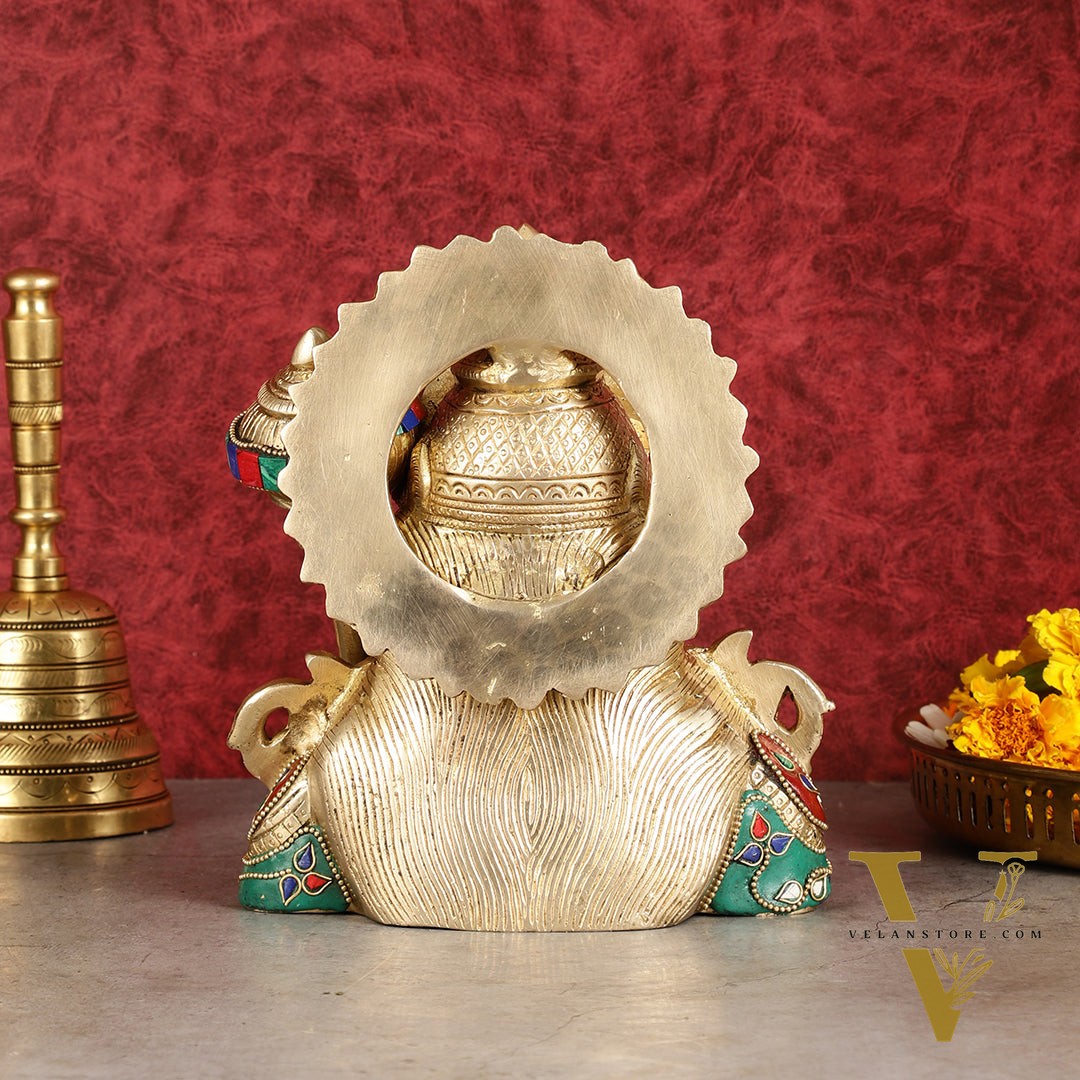 Brass Hanuman Ji face statue with Multicolour Stonework - 8"