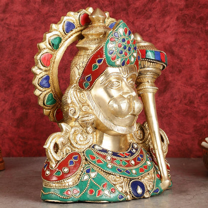 Brass Hanuman Ji face statue with Multicolour Stonework - 8"