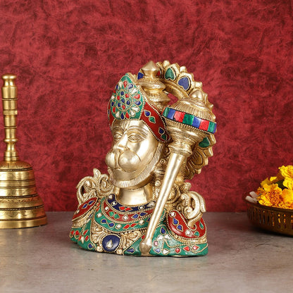 Brass Hanuman Ji face statue with Multicolour Stonework - 8"