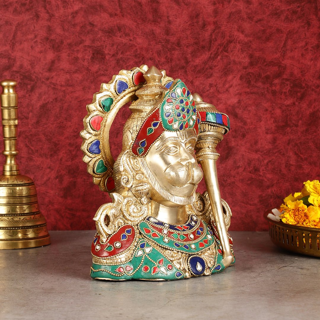 Brass Hanuman Ji face statue with Multicolour Stonework - 8"