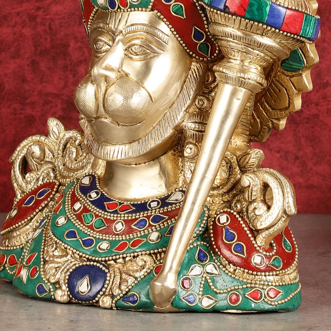 Brass Hanuman Ji face statue with Multicolour Stonework - 8"