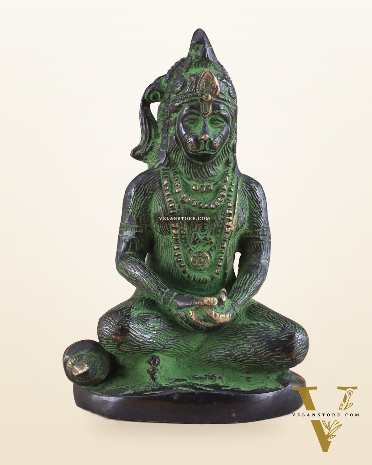 Brass Hanuman Ji in Meditation – Antique Black & Green Tone 5"