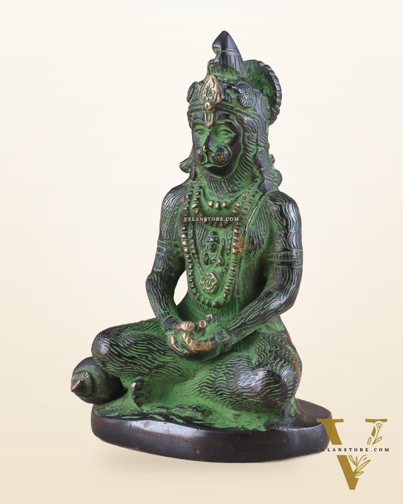 Brass Hanuman Ji in Meditation – Antique Black & Green Tone 5"
