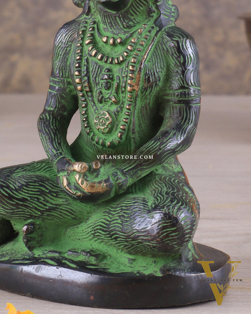Brass Hanuman Ji in Meditation – Antique Black & Green Tone 5"