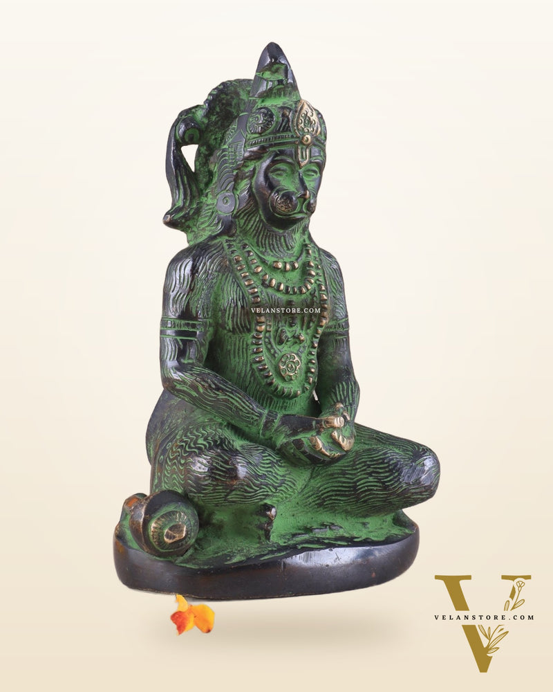 Brass Hanuman Ji in Meditation – Antique Black & Green Tone 5"