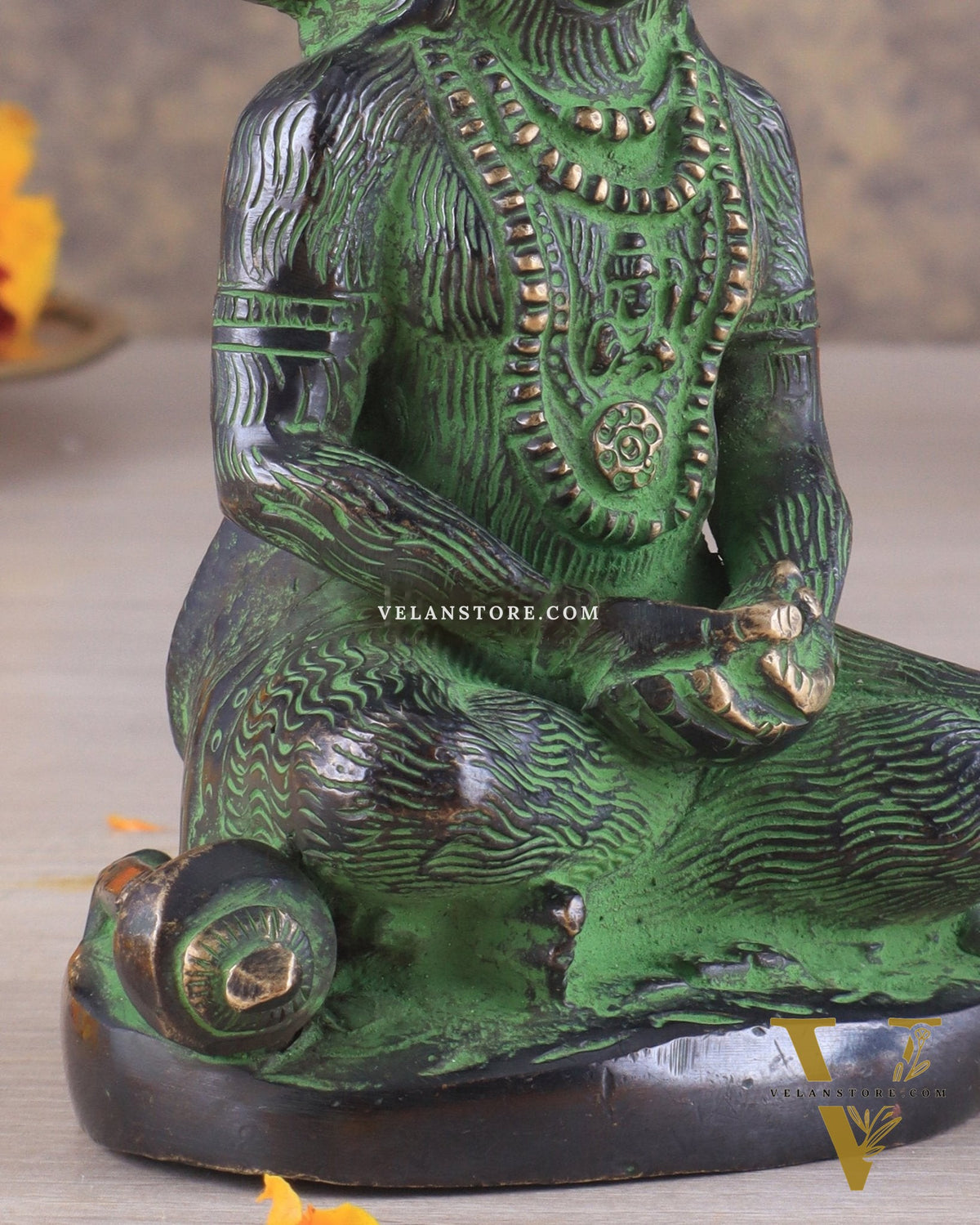 Brass Hanuman Ji in Meditation – Antique Black & Green Tone 5"