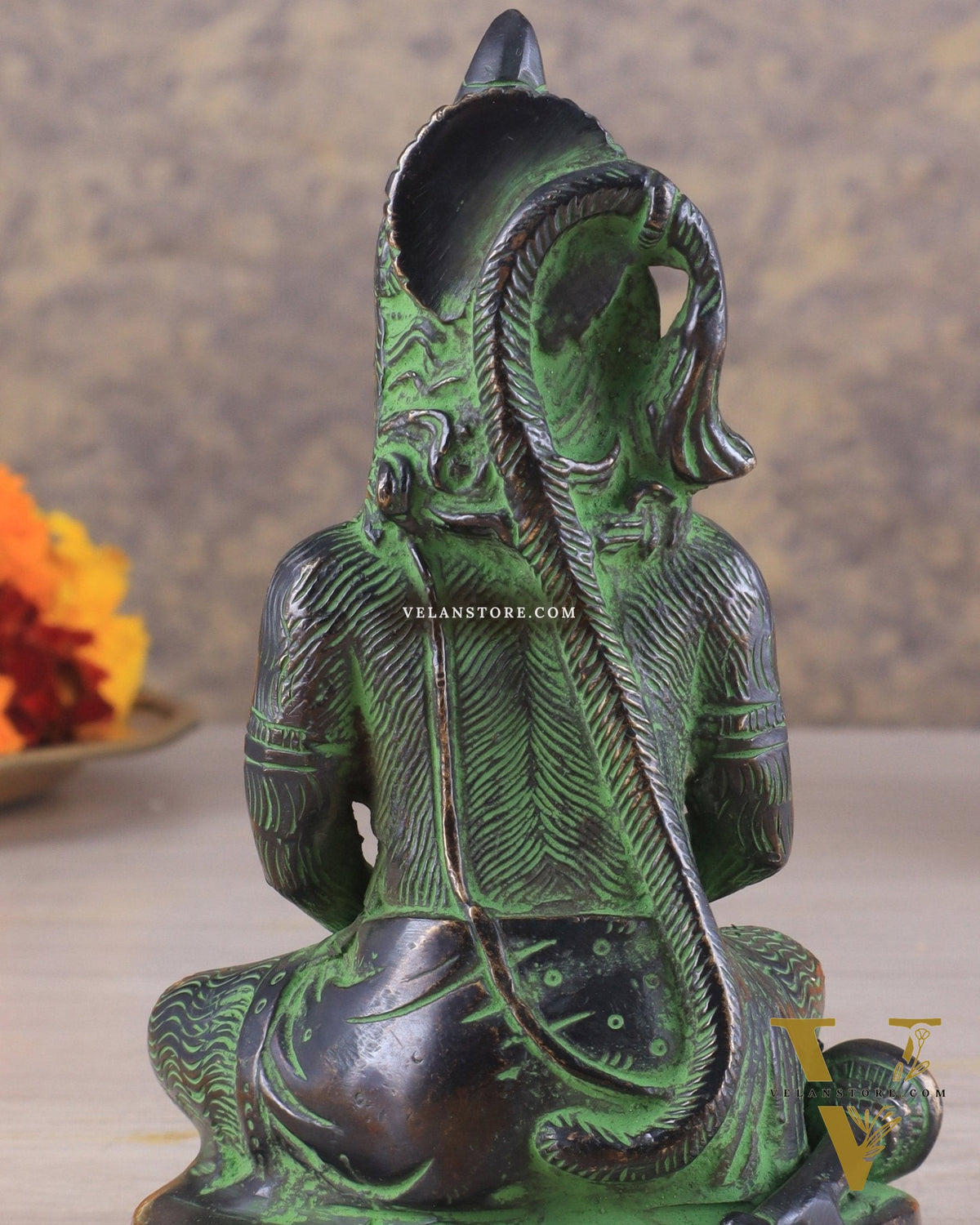 Brass Hanuman Ji in Meditation – Antique Black & Green Tone 5"