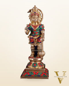 Brass Hanuman Ji Statue in Blessing Mudra – 12” floral stonework