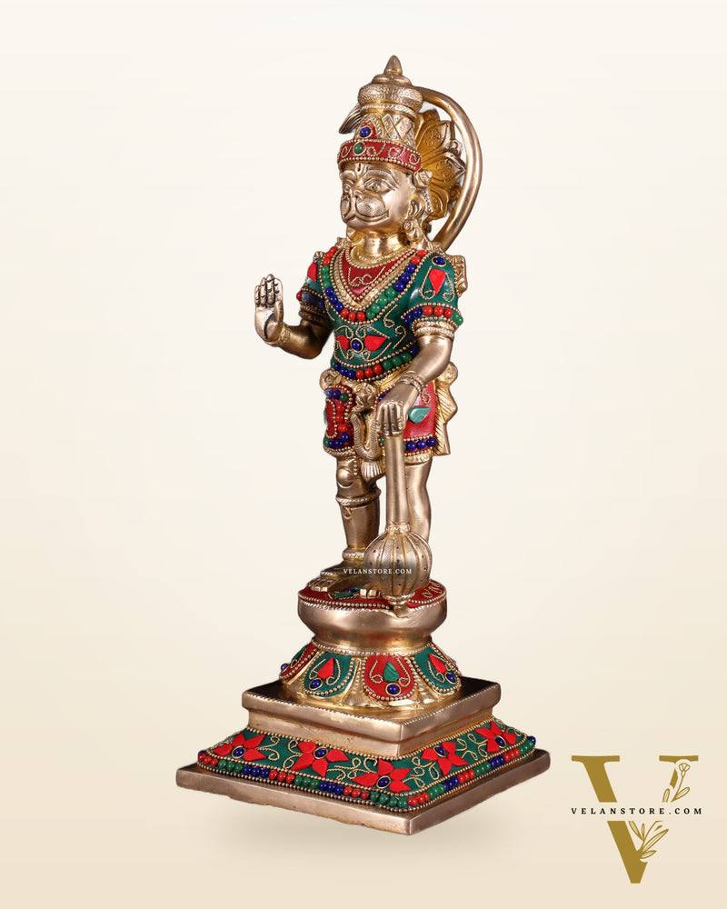 Brass Hanuman Ji Statue in Blessing Mudra – 12” floral stonework