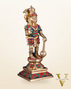 Brass Hanuman Ji Statue in Blessing Mudra – 12” floral stonework
