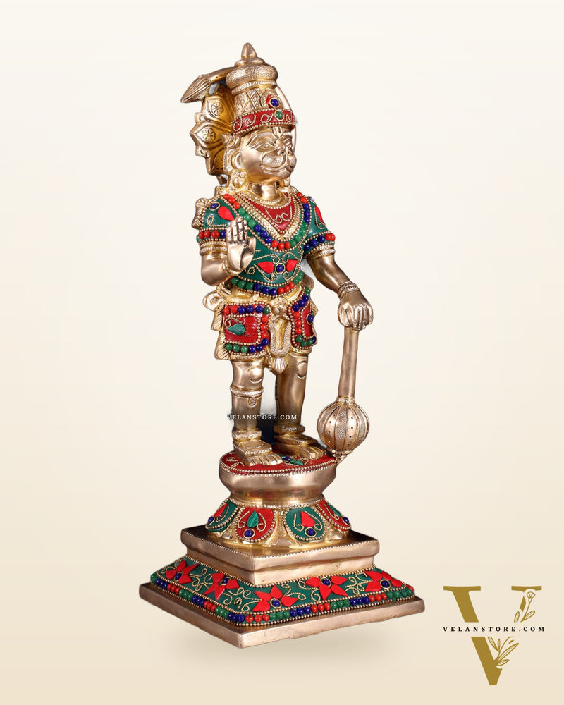 Brass Hanuman Ji Statue in Blessing Mudra – 12” floral stonework