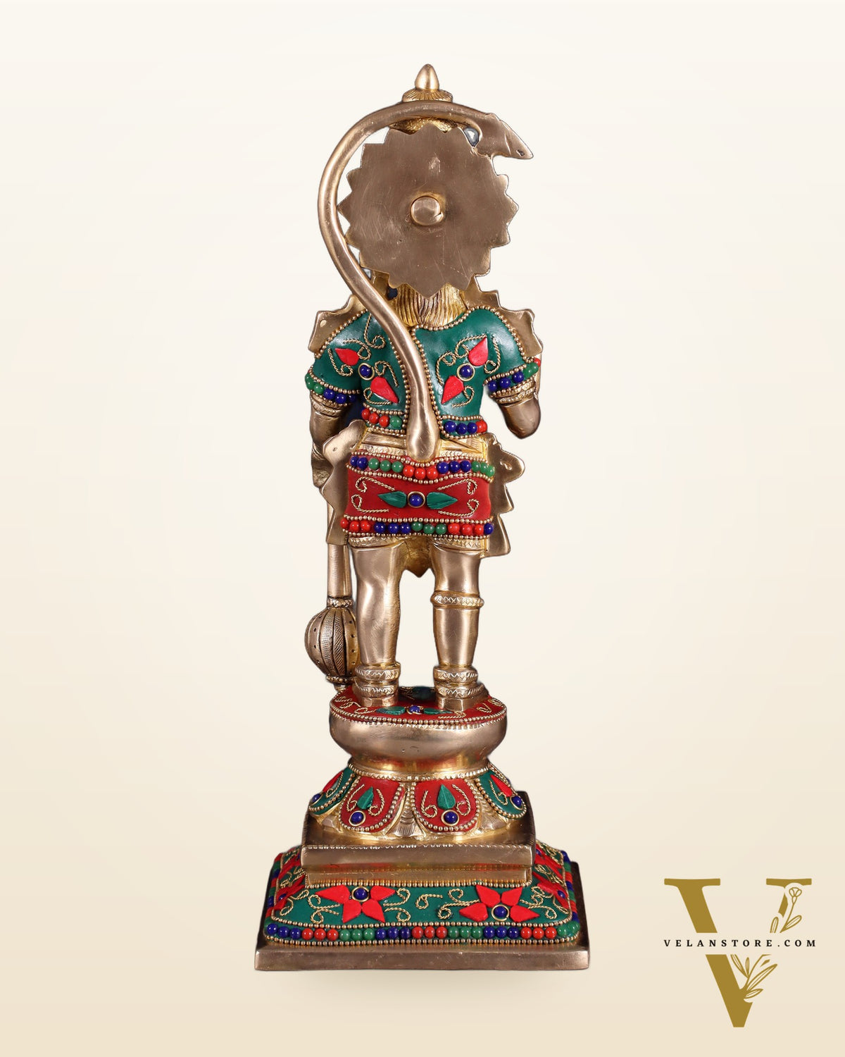 Brass Hanuman Ji Statue in Blessing Mudra – 12” floral stonework