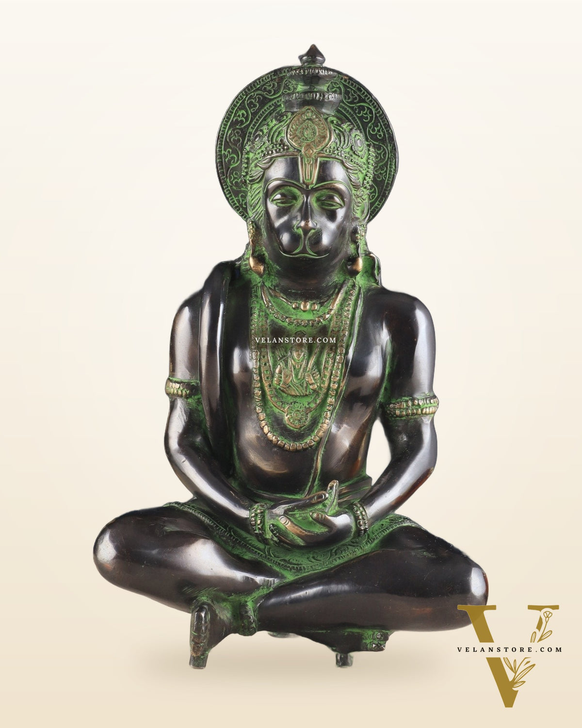Brass Hanuman meditation idol | 11" black green