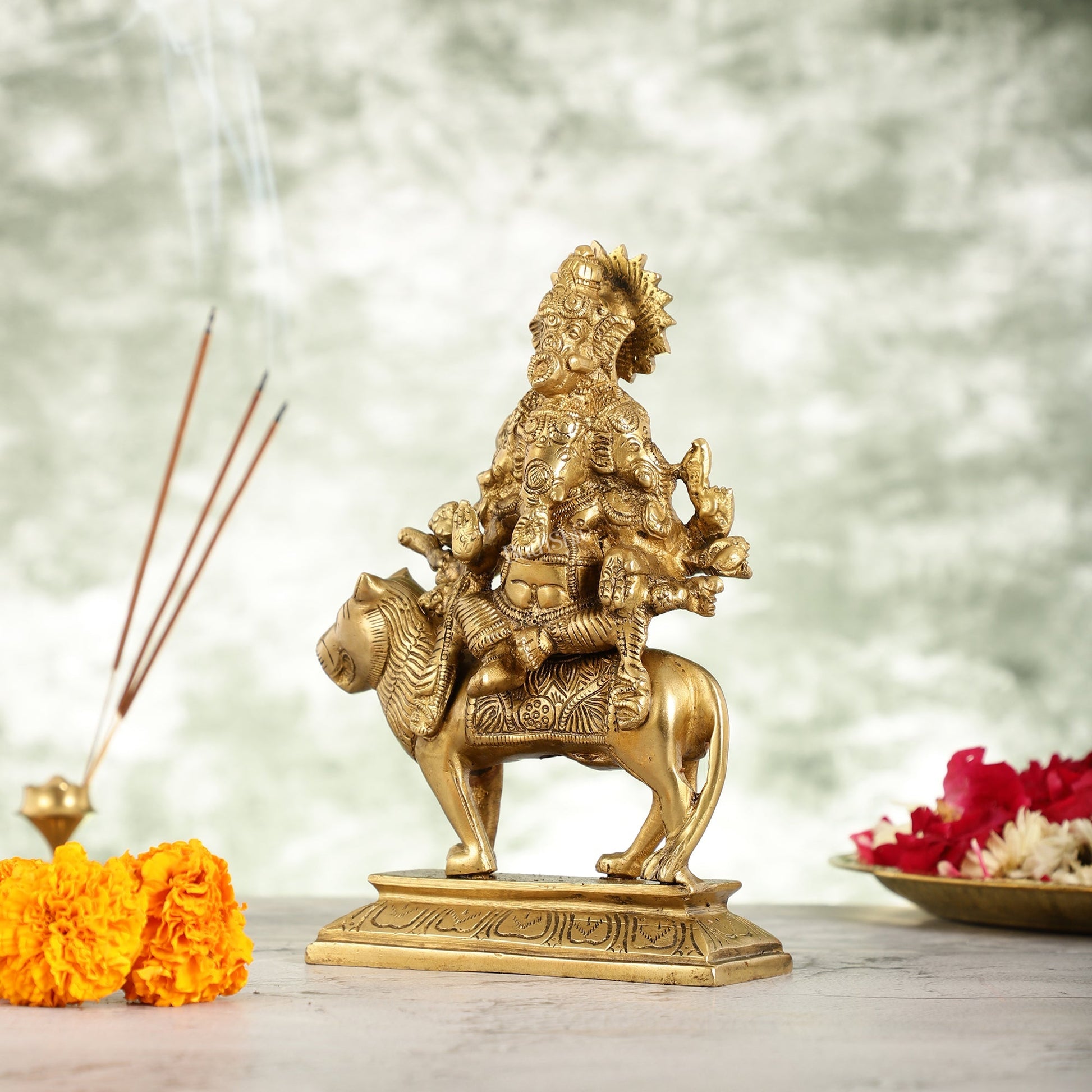 Brass panchmukhi Heramba Ganesha Statue Seated on Lion - 9 Inch