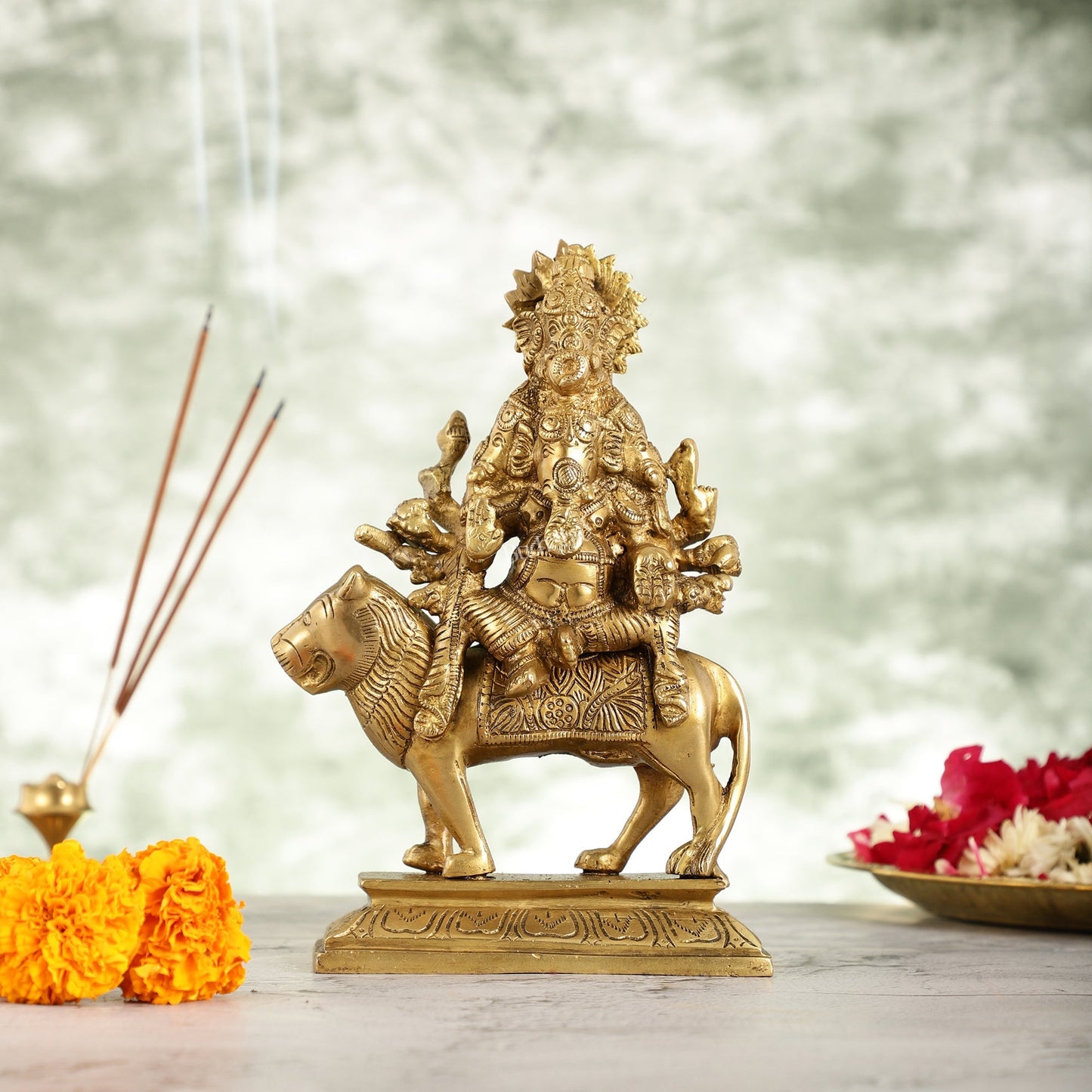 Brass panchmukhi Heramba Ganesha Statue Seated on Lion - 9 Inch