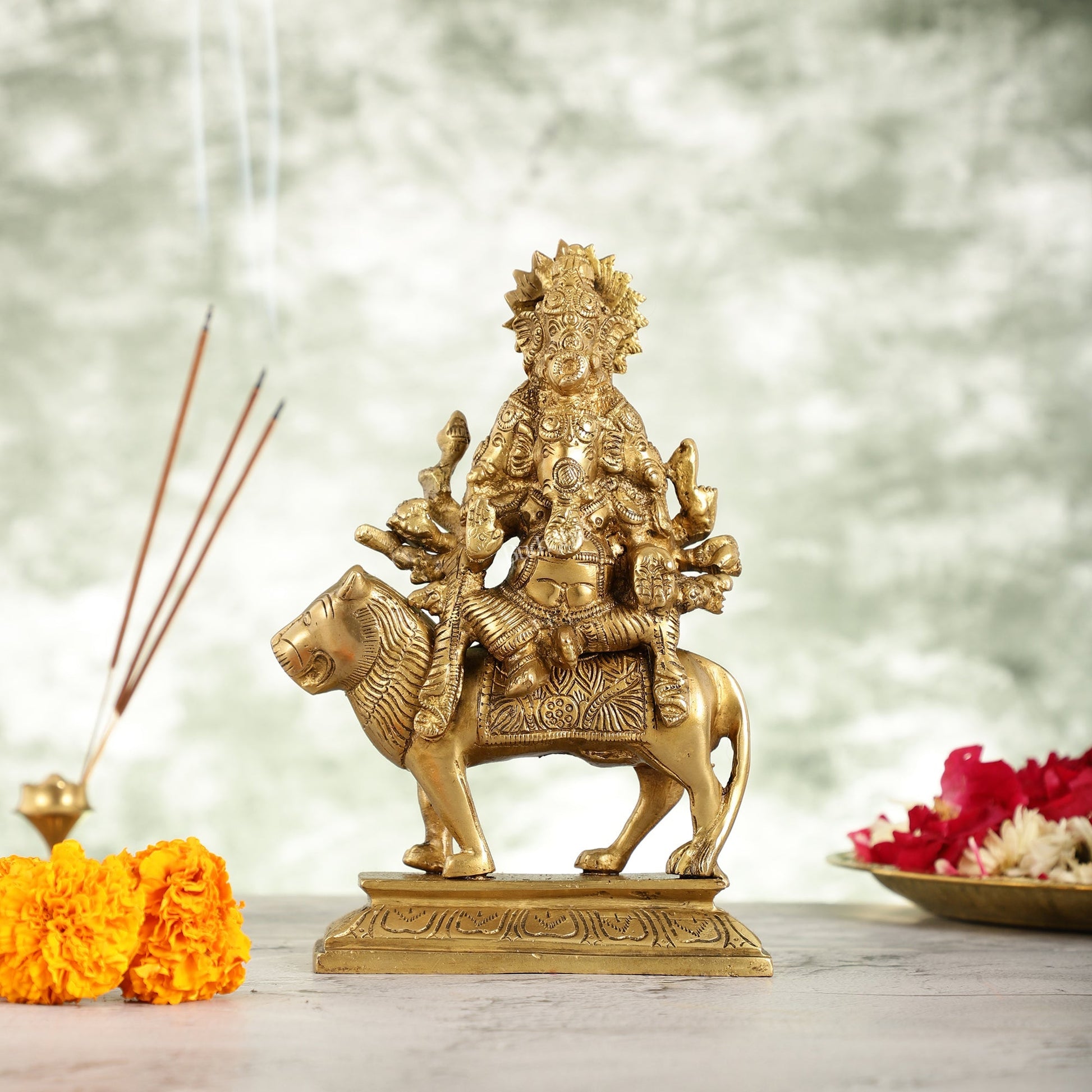 Brass panchmukhi Heramba Ganesha Statue Seated on Lion - 9 Inch