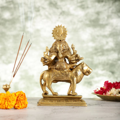 Brass panchmukhi Heramba Ganesha Statue Seated on Lion - 9 Inch