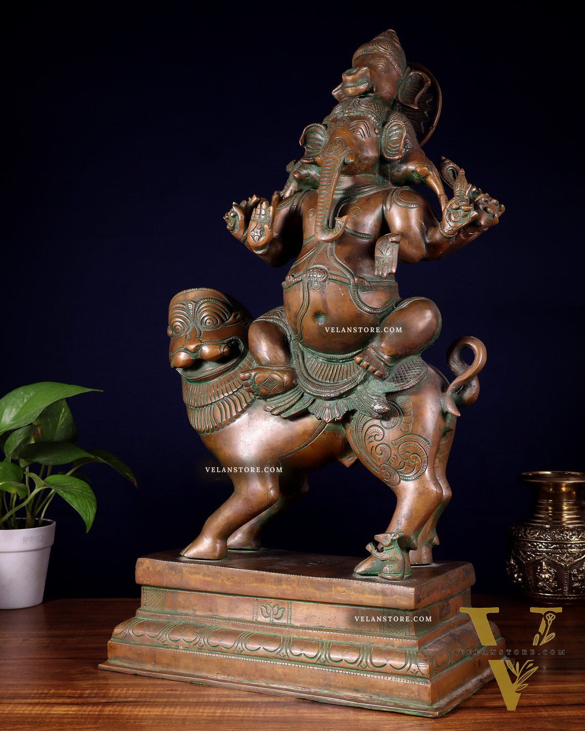 Brass Heramba Ganesha with five heads Statue - 22.5" Bronze Patina