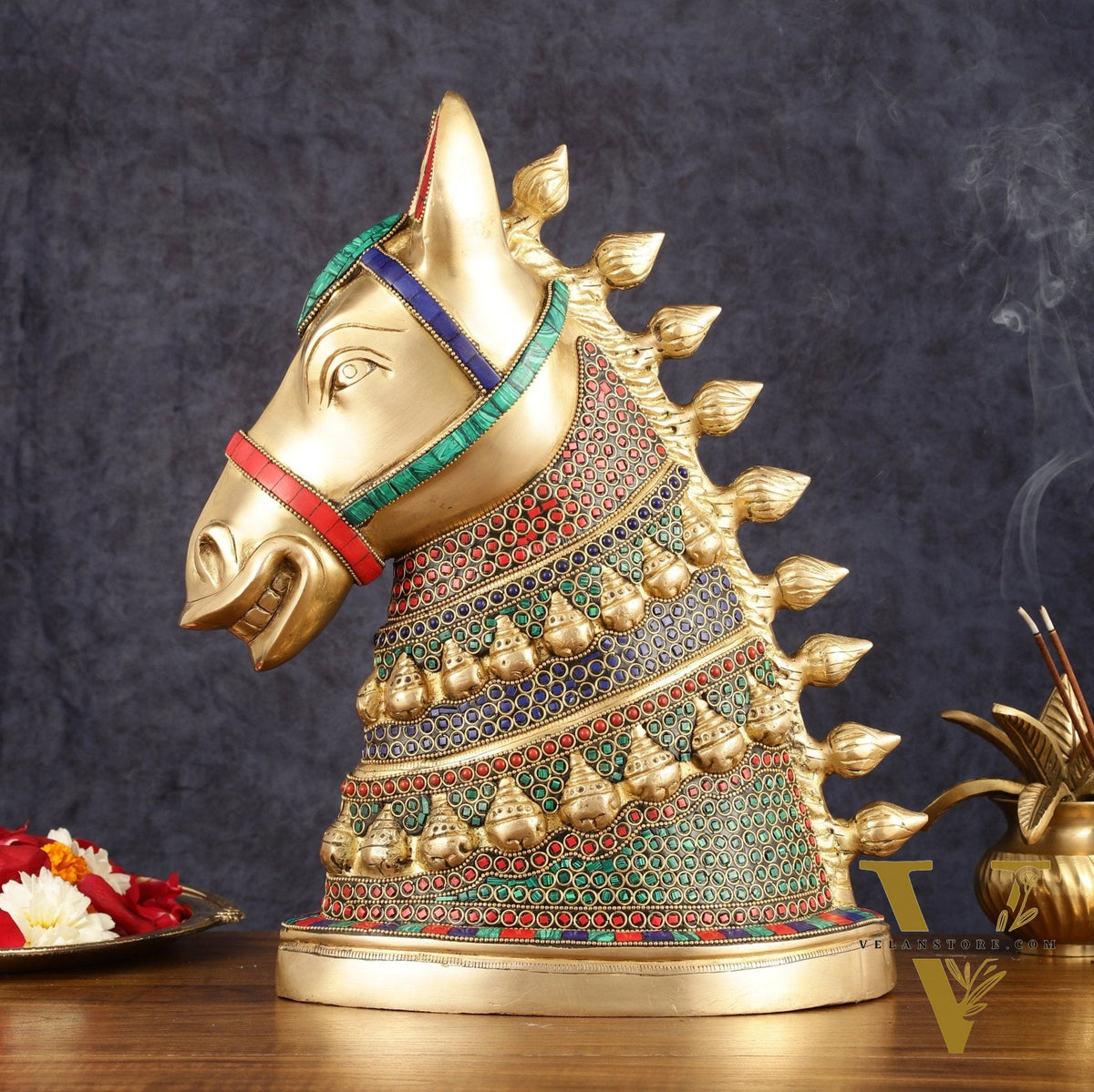 Brass Horse Head Sculpture with Meenakari - 14.5" | Exquisite Artistry