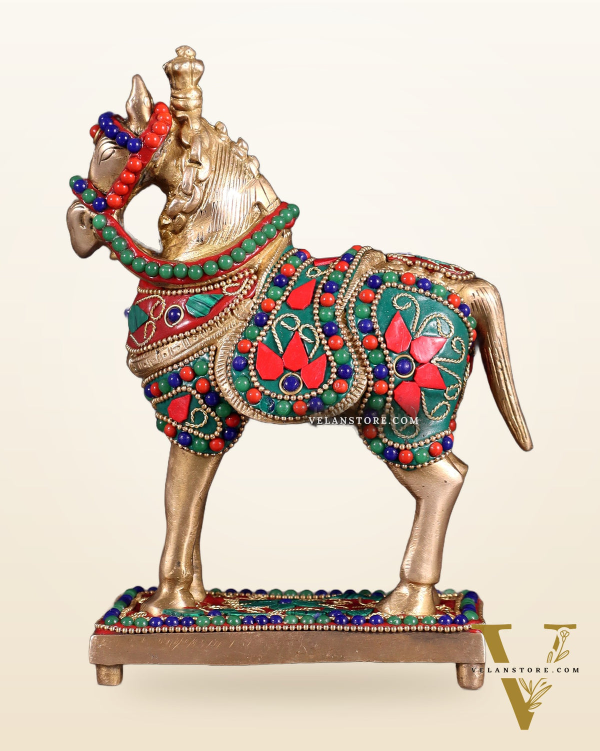 Brass Horse Standing Showpiece Statue floral stonework 7.5"