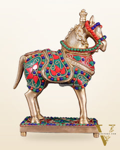 Brass Horse Standing Showpiece Statue floral stonework 7.5"