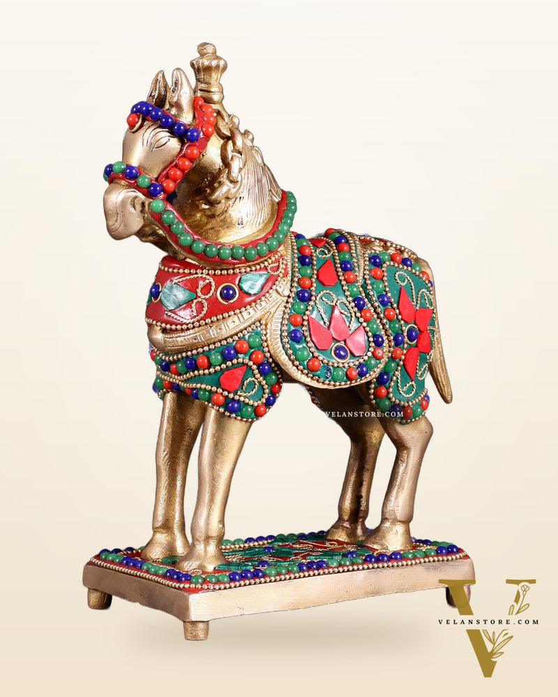Brass Horse Standing Showpiece Statue floral stonework 7.5"