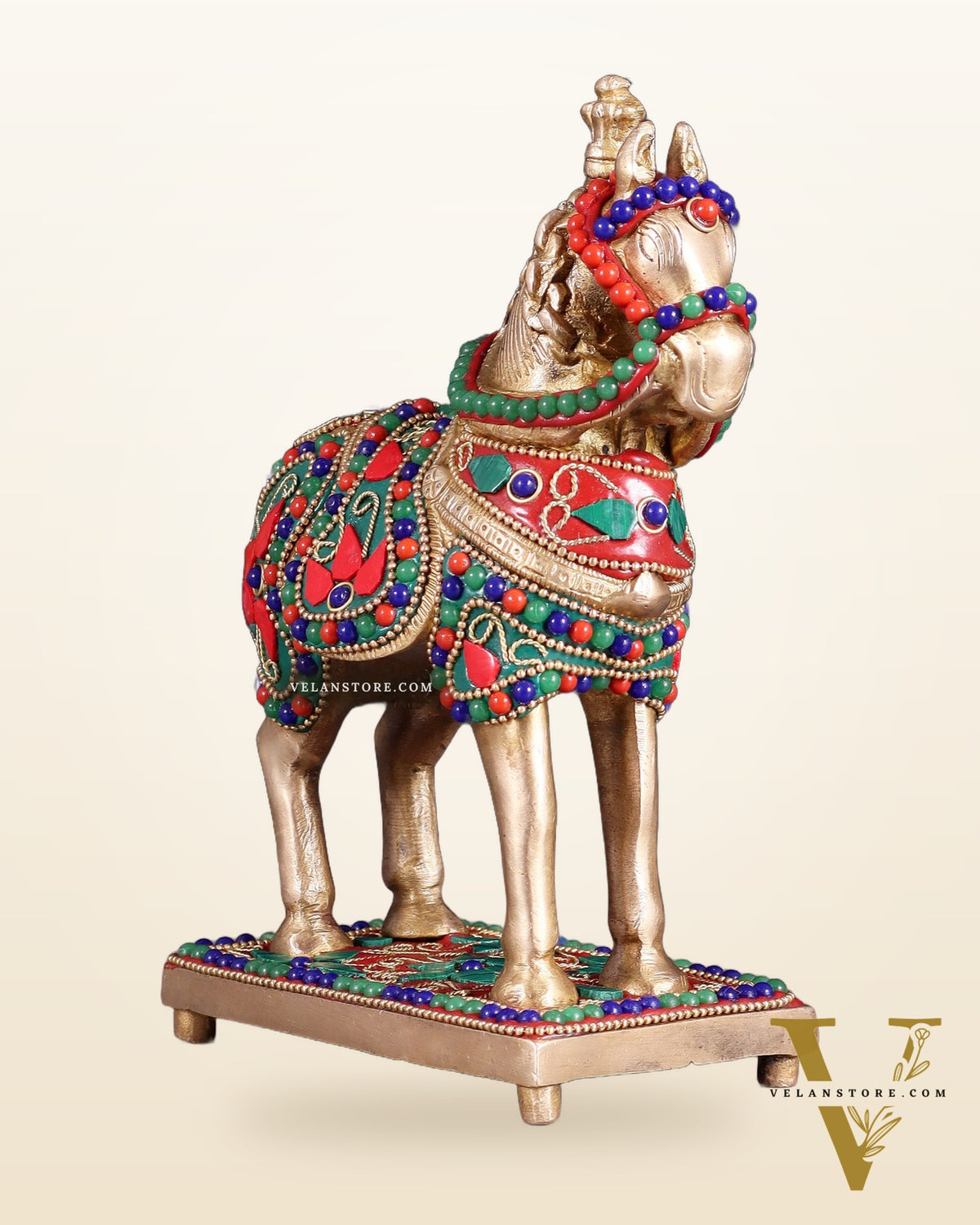 Brass Horse Standing Showpiece Statue floral stonework 7.5"
