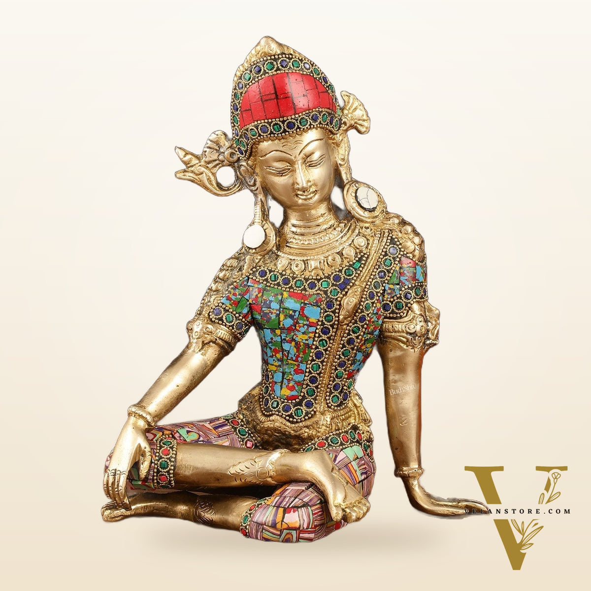 Brass Indra Dev Murti with Stonework - 9.5"