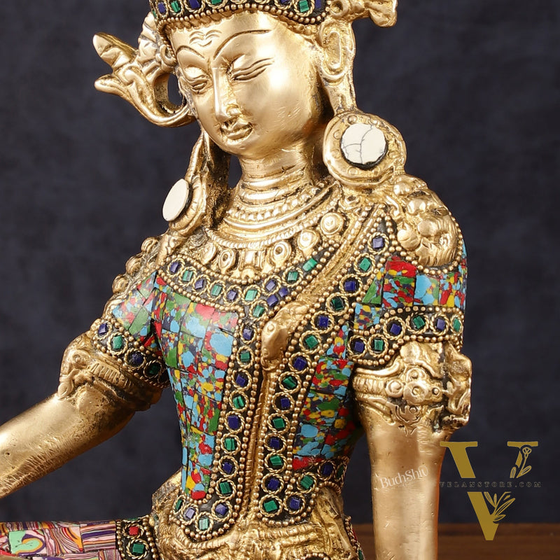 Brass Indra Dev Murti with Stonework - 9.5"