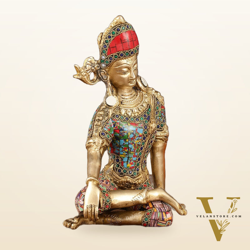 Brass Indra Dev Murti with Stonework - 9.5"