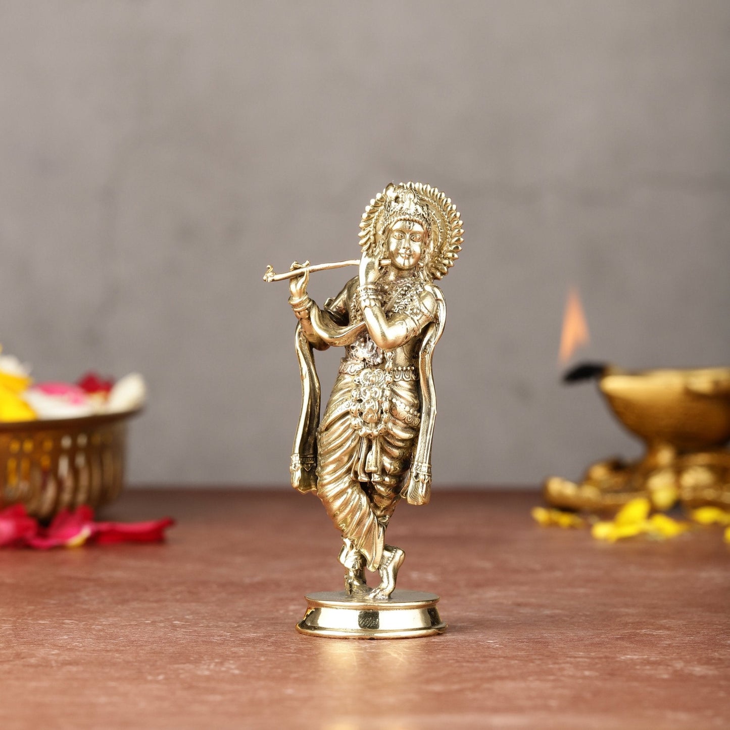 Brass Intricate Lord Krishna Small Idol | 4"