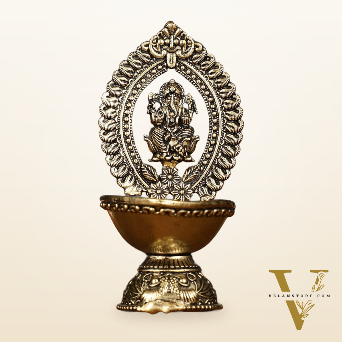 Brass Intricately Carved Ganesha Oil Lamp Diya - 4.5" Tall