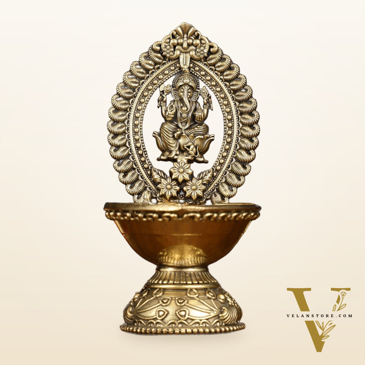 Brass Intricately Carved Ganesha Oil Lamp Diya - 6" Tall