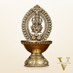 Brass Intricately Carved Ganesha Oil Lamp Diya - 6" Tall