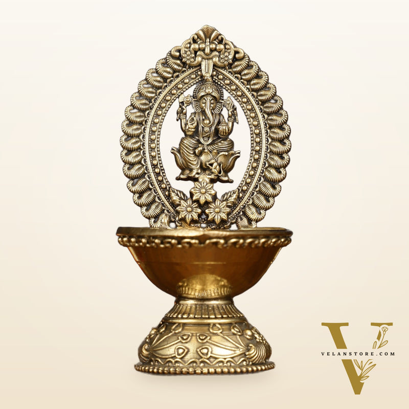 Brass Intricately Carved Ganesha Oil Lamp Diya - 6" Tall