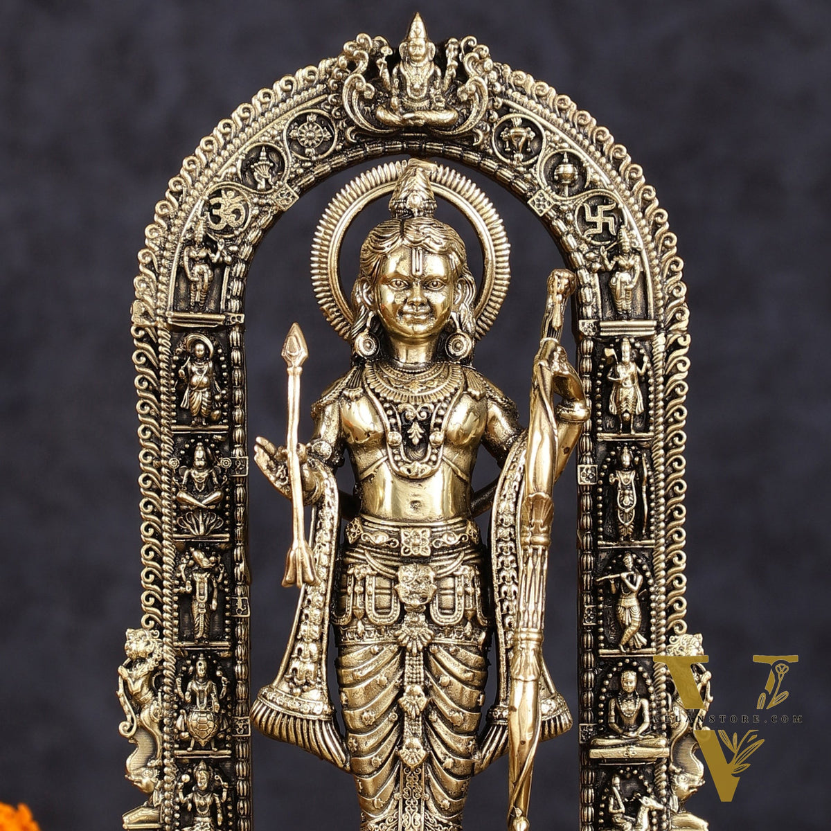 Brass Intricately Carved Ram Lalla Idol - Inspired by Ayodhya Temple, 8" Tall