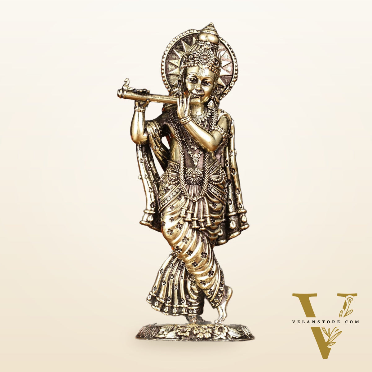 Brass Intricately Carved Superfine Krishna Idol - 7" Tall