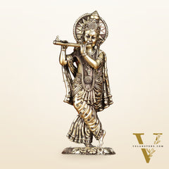 Brass Intricately Carved Superfine Krishna Idol - 7" Tall