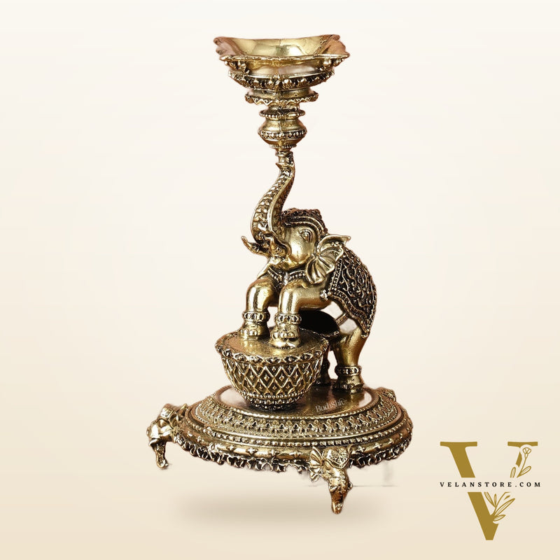 Brass Jumping Elephant Lamp Oil Diya | 6 Inch Height