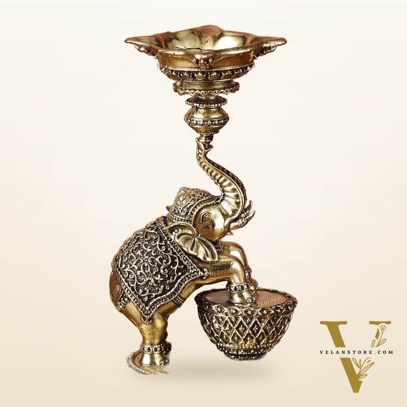 Brass Jumping Elephant Lamp Oil Diya | 6 Inch Height