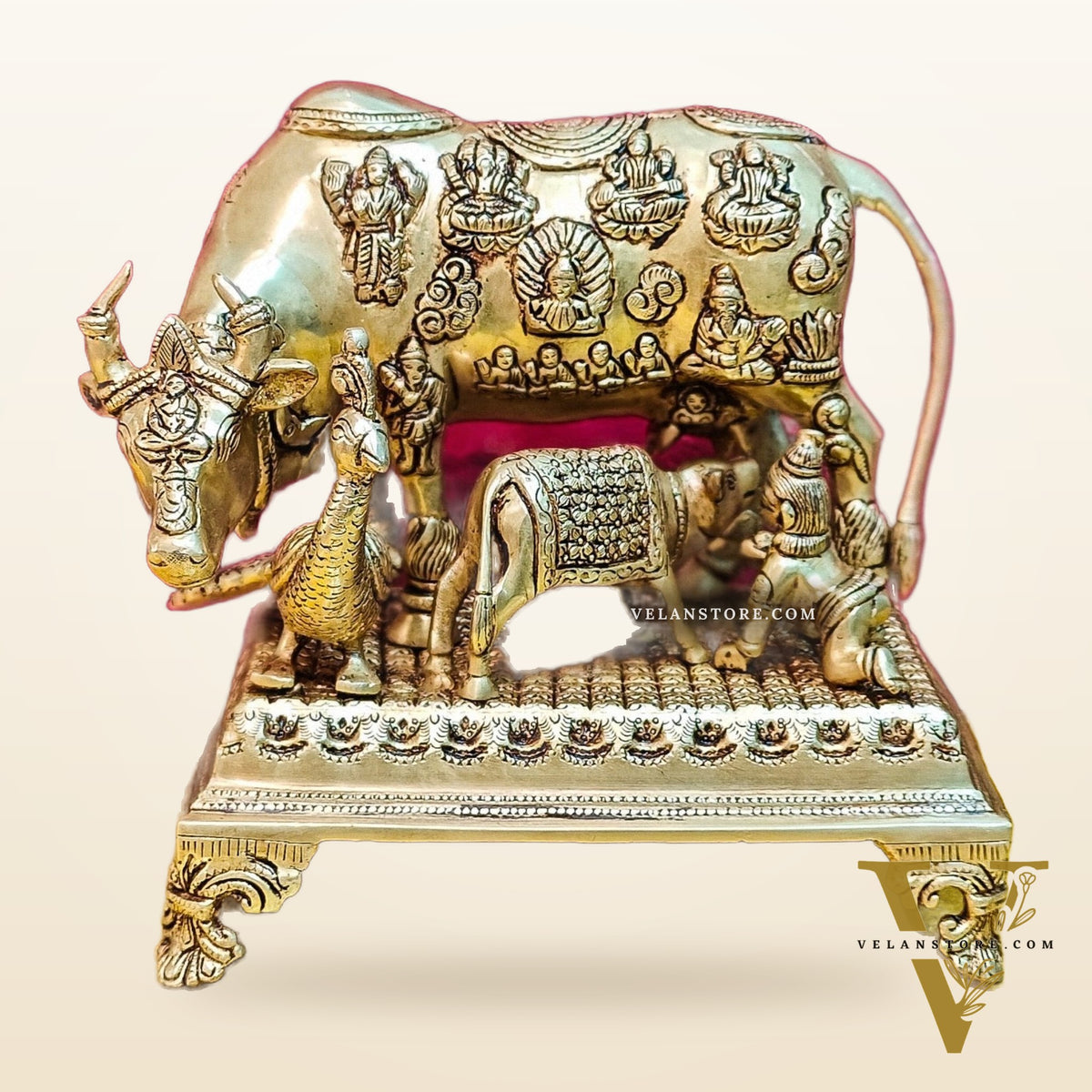 Brass Kaamdhenu cow and calf idol | 10"