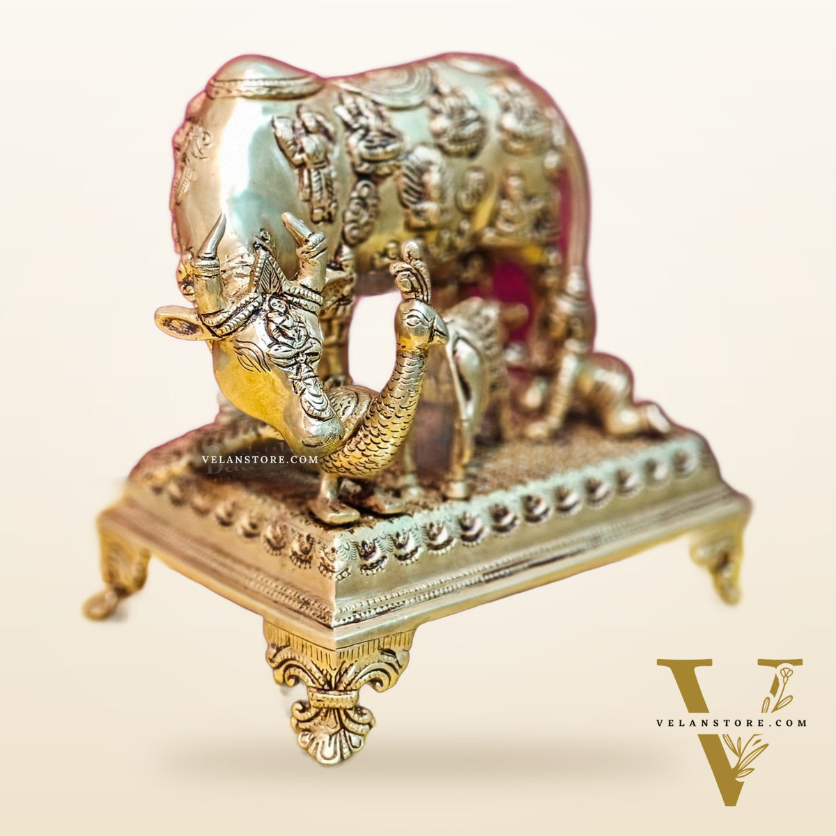 Brass Kaamdhenu cow and calf idol | 10"