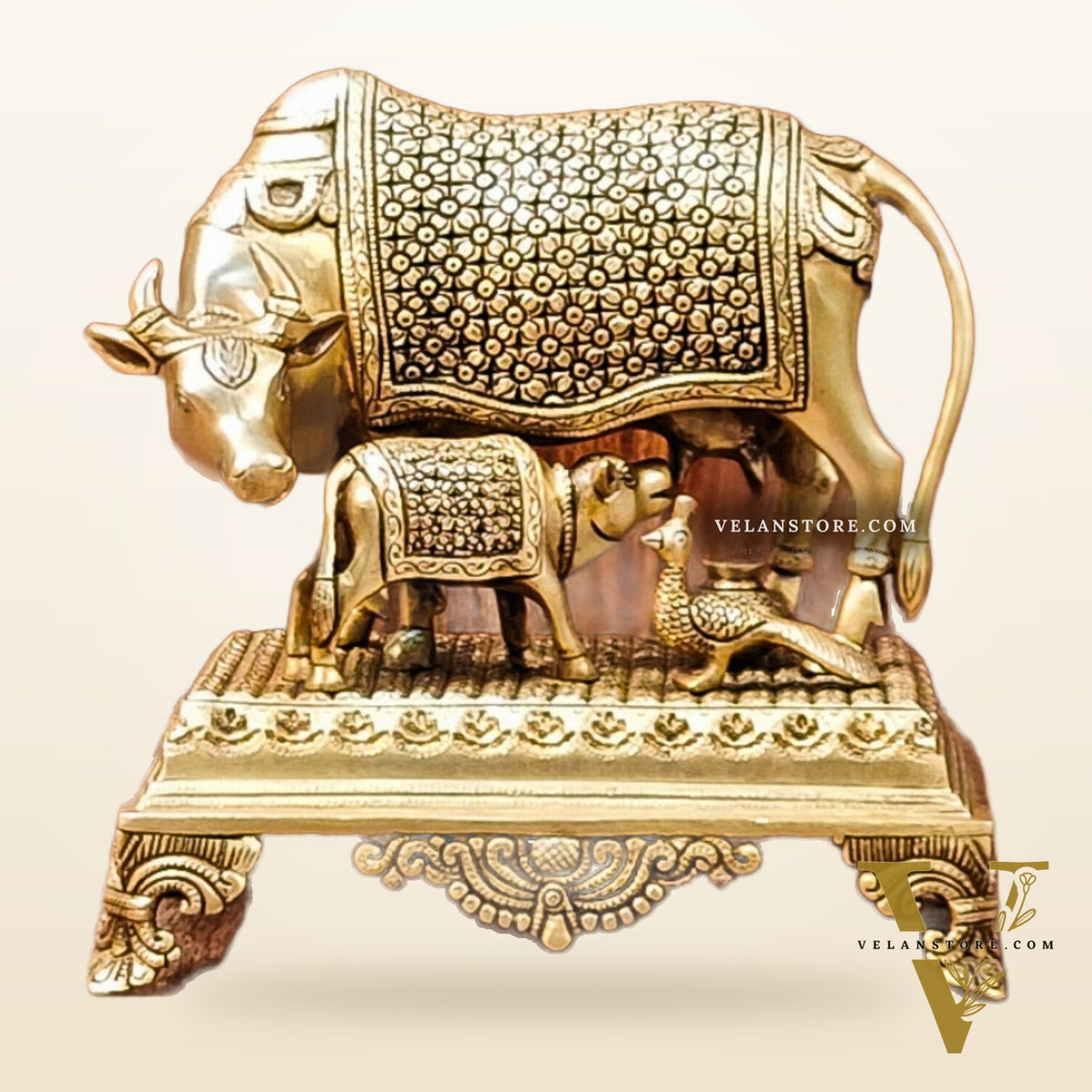 Brass Kaamdhenu cow and calf idol| 10"