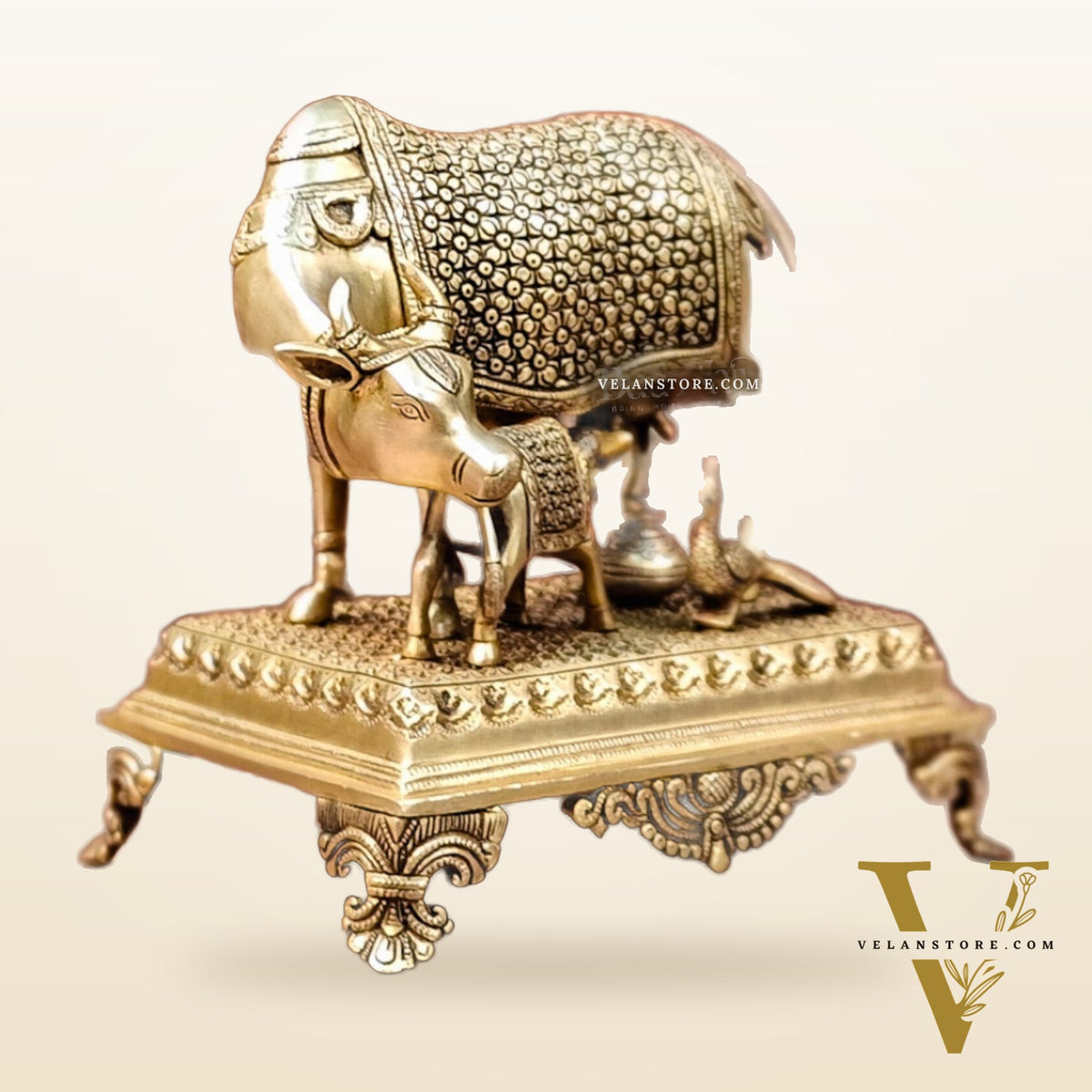 Brass Kaamdhenu cow and calf idol| 10"