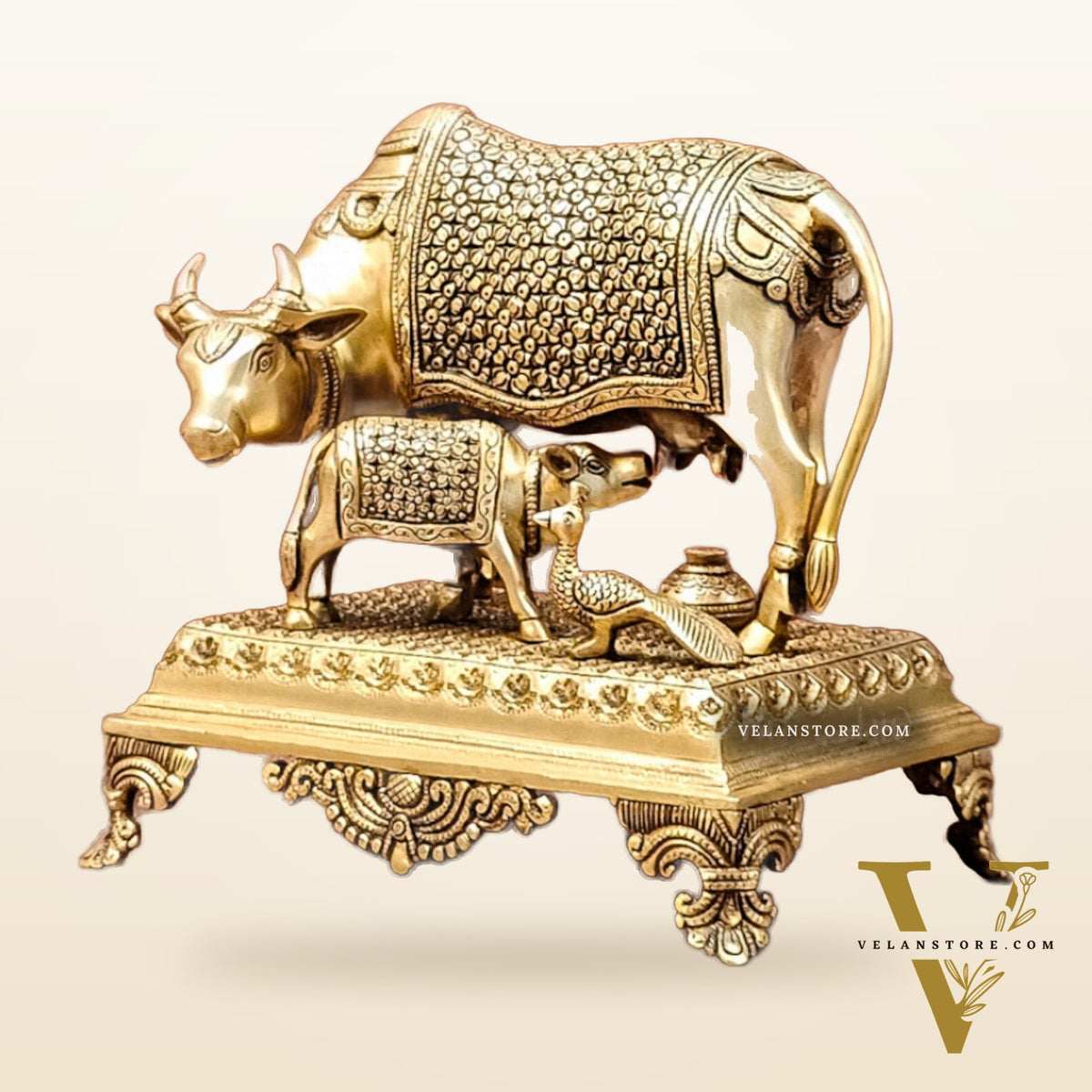 Brass Kaamdhenu cow and calf idol| 10"
