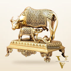 Brass Kaamdhenu cow and calf idol| 10"