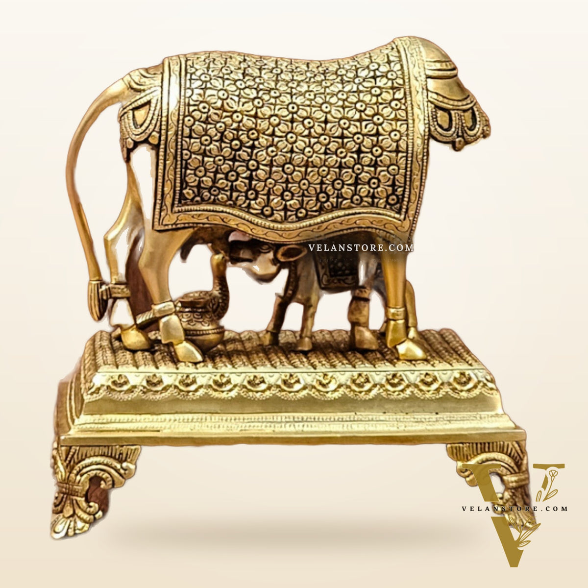 Brass Kaamdhenu cow and calf idol| 10"